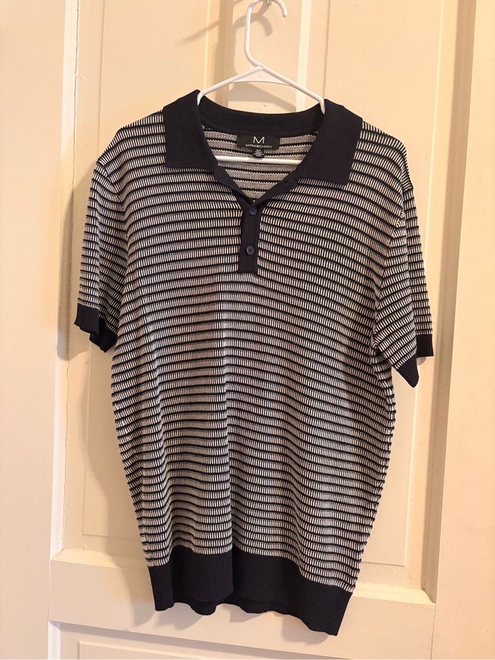 Black and White Striped Knit Polo